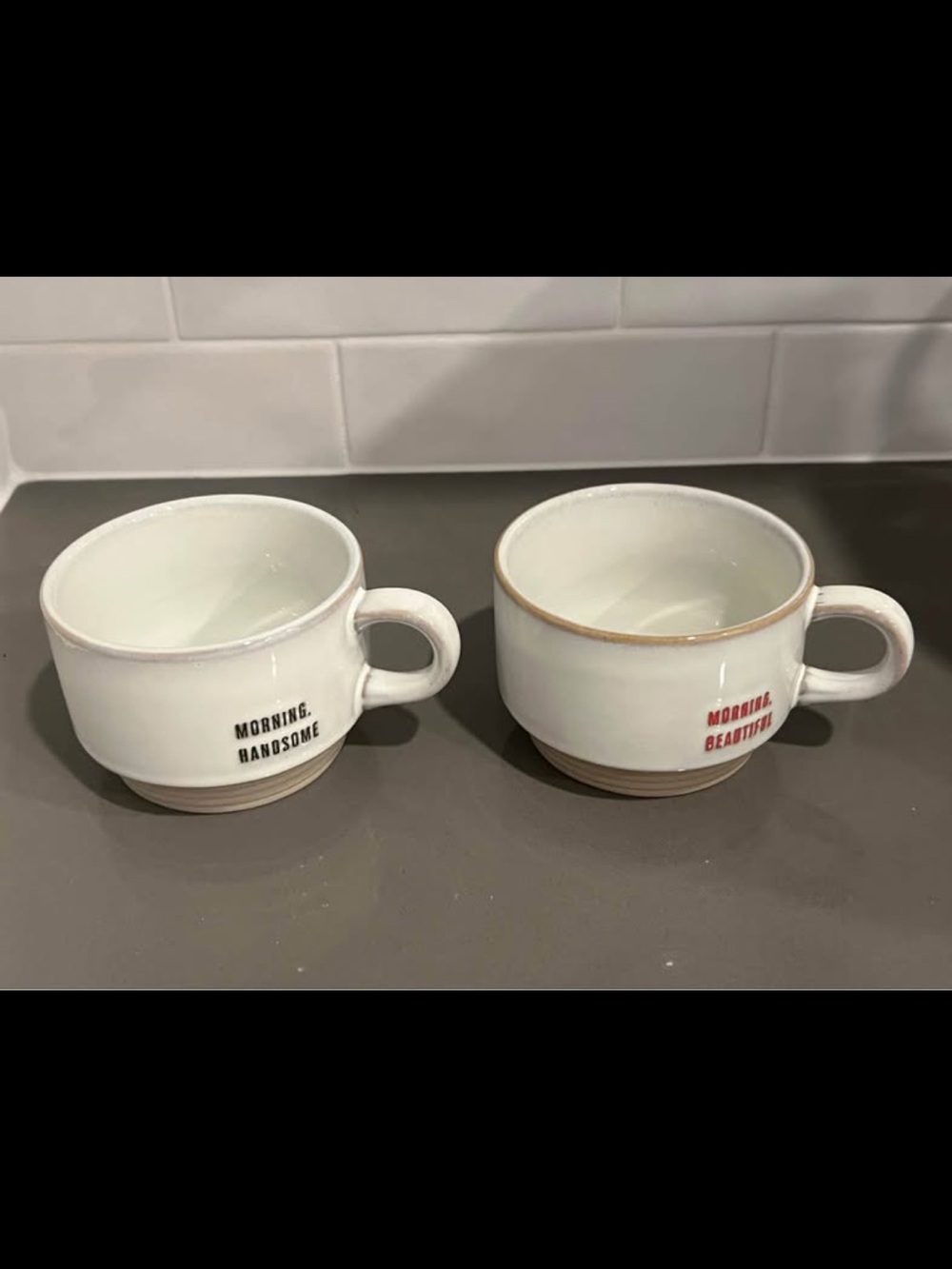 Hearth & Hand White Stoneware Mug Pair with Black & Red Text
